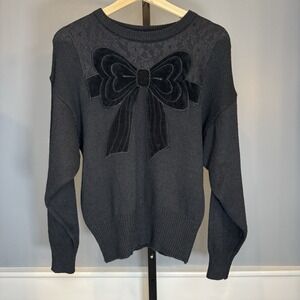 Bow Sweater Crystal Vintage Womens Medium Black Embroidered Front Lace‎ Beaded